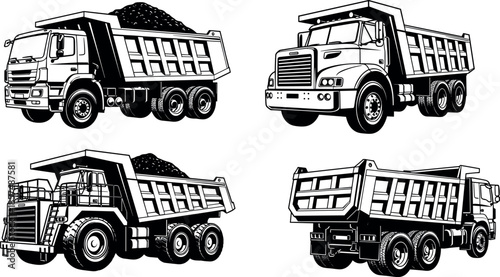 Collection of heavy duty dump truck vector illustrations showing various angles of construction tipper lorries for industrial transport and hauling