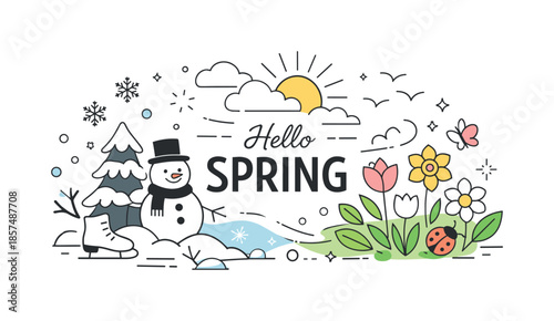 Spring Transformation Illustration. Hello Spring Flat Design ? Seasonal Transition. A smooth visual blend from winter elements into spring flowers and leaves.