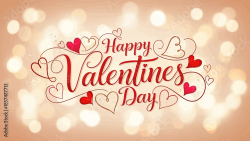 Happy Valentines Day text with romantic hearts and bokeh background.