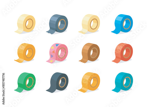 Colorful Adhesive Tape Icons. Adhesive tapes. Colorful flat vector icons set of adhesive tapes: clear tape, duct tape, masking tape, painter?s tape,