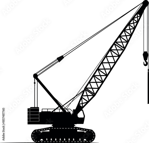 Detailed Black Silhouette of a Crawler Lattice Boom Crane Heavy Lifting Machinery for Construction Site Industrial Equipment and Engineering Projects