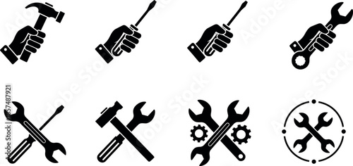 Hand holding hammer screwdriver and wrench set with crossed tools gear icons for construction repair service maintenance and diy workshop vector