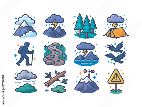 Isometric Mountain Storm Icons. Mountain storm landscape. Colorful isometric vector icons set of Mountain storm landscape: mountain peak in clouds, lightning