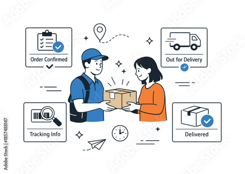 Effortless Package Delivery. Order delivery and fulfillment. A courier handing over a package with tracking icons and status cards nearby. Reliable service and