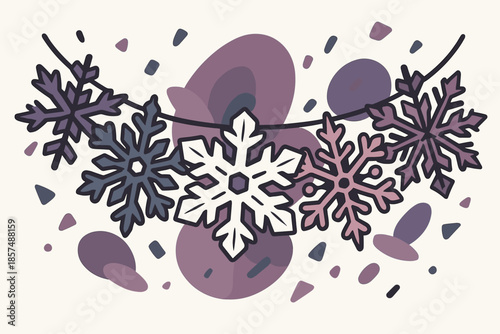 Colorful Snowflake Garland. Paper snowflake garland. A garland of paper-cut snowflakes arcs across the scene;