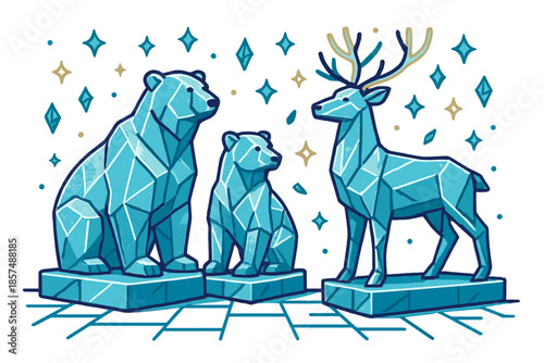 Ice Animal Sculptures. Frozen animal sculptures. Polar bears and reindeer carved in ice shimmer in the plaza;