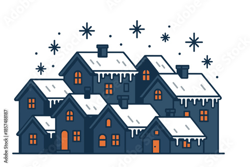 Icicle-Trimmed Village Rooftops. Frosty village roofs. Rows of houses show delicate icicles forming along