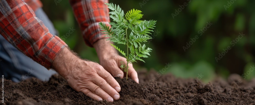 Naklejka premium man planting a young tree sapling in soil to support reforestation initiatives
