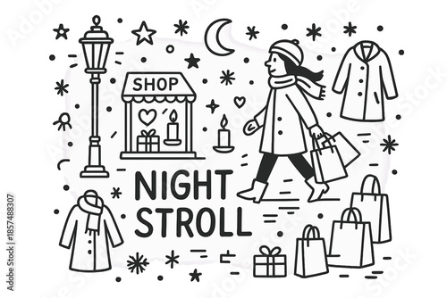 Night Stroll Doodle. Night Stroll. Hand-drawn doodle illustration of Night Stroll. Shopper, shop window,