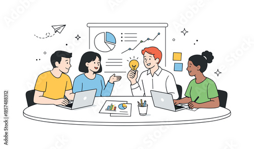 Teamwork Collaboration Illustration. Business teamwork illustration. Minimal people collaborating around a table with laptops, charts, and sticky notes,
