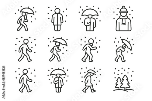 Snowfall Pedestrian Icons. Snowfall pedestrian icons. Line outline icon set of snowfall pedestrian icons: