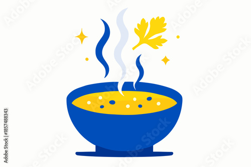 Steaming Garnished Soup. Steaming soup with fresh garnish. The garnish hovers above in light motion; steam