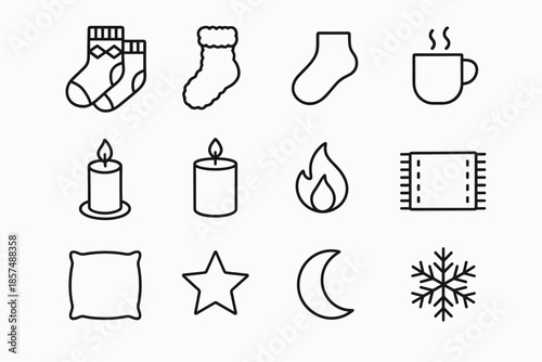Cozy Winter Icons. Cozy winter socks. Line outline icon set of Cozy winter socks: patterned socks, fuzzy socks