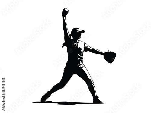 A female softball pitcher throws the ball with intensity during a game.