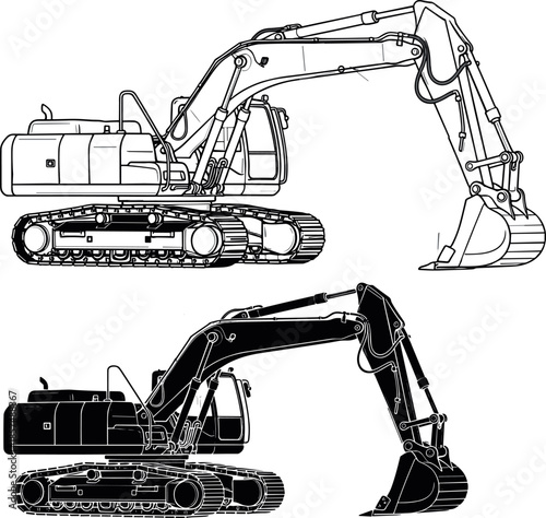 Set of excavator heavy construction equipment vector line art and black silhouette icons for building site machinery and industrial design