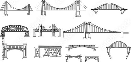 Set of Bridge Vector Illustrations Featuring Suspension Arch Truss and Beam Engineering Designs for Infrastructure Projects Architecture Icons and Urban Planning