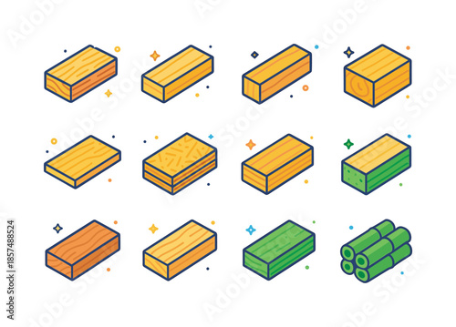 Colorful Lumber Icons. Types of lumber. Colorful isometric vector icons set of types of lumber: rough sawn plank, planed smooth plank, 2x4 stud, thick beam