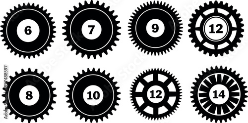 Set of vector black gear icons with numbers representing mechanical parts engineering symbols clockwork machinery components and industrial design elements