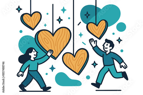 Wooden Hearts Delight. Wood-carved heart ornaments. Heart-shaped wooden pieces dangle gently, grain lines