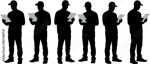 Silhouetted Man in Baseball Cap Standing and Reading Paper Documents or Blueprints in Different Poses for Logistics and Construction Planning