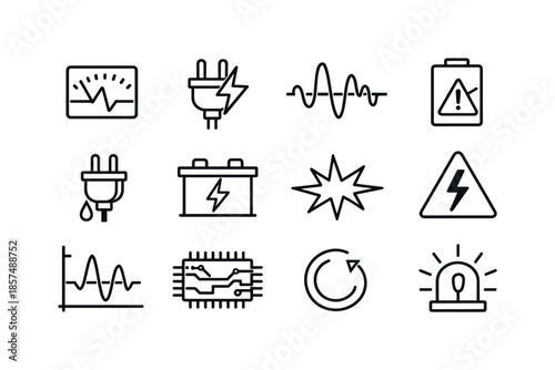Power Instability Icons. Power Instability. Line icon set of Power Instability: voltage fluctuation, power surge, unstable wave, battery warning, low power