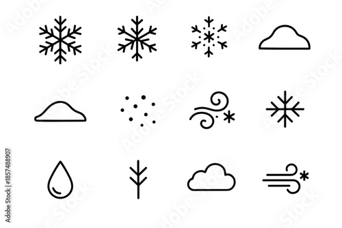 Snowfall Icon Set. Snowfall elements. Line outline icon set of Snowfall elements: snowflake large, snowflake