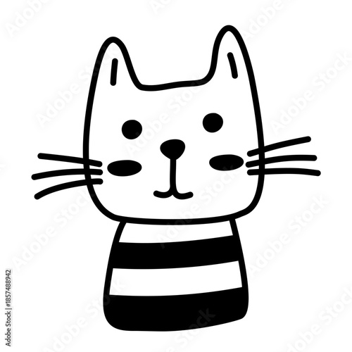 Cute stripped cat kitten portrait. Doodle cartoon hand drawn childish vector outline illustration isolated on white background. Contour art. Black color