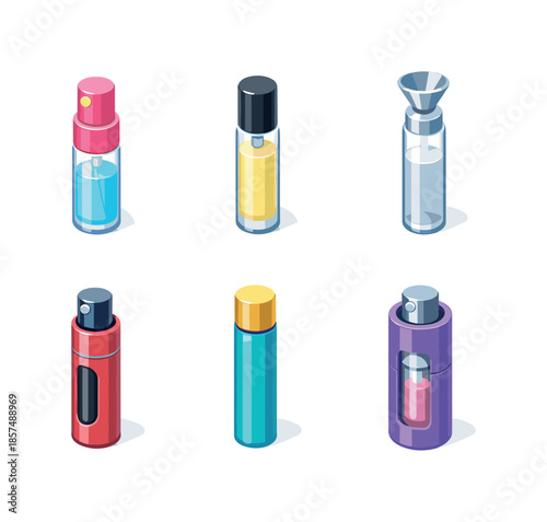 Travel Perfume Icons. Travel Size Perfume. Isometric flat vector icons set of Travel Size Perfume: mini spray bottle, rollerball perfume, refill vial bottle,