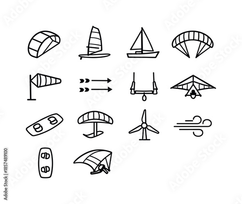 Wind Sports Icons. Wind sports. Line icon set of Wind sports: kite sail, windsurf board, sailboat, paraglider wing, windsock, wind arrows, control bar, hang