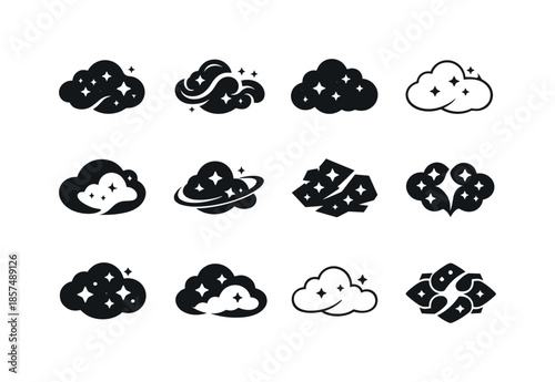 Celestial Icon Set. Celestial bodies. Icon set. Set Logo of celestial bodies: nebula cloud. harmonious logo variations of the same emblematic concept, each