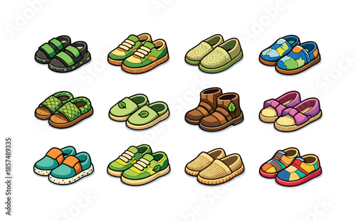 Eco-Friendly Shoe Icons. Eco-friendly shoes. Colorful isometric vector icons set of eco-friendly shoes: recycled-rubber sandals, cork sole sneakers, hemp