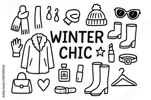 Winter Chic Icons. Winter Chic. Hand-drawn doodle illustration of Winter Chic. Fur coat, boots, scarf, hat,