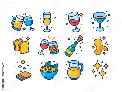 Colorful Toasting Icons. Drink toasting. Colorful isometric vector icons set of drink toasting: clinking glasses, champagne bubbles, wine swirl, glass rim