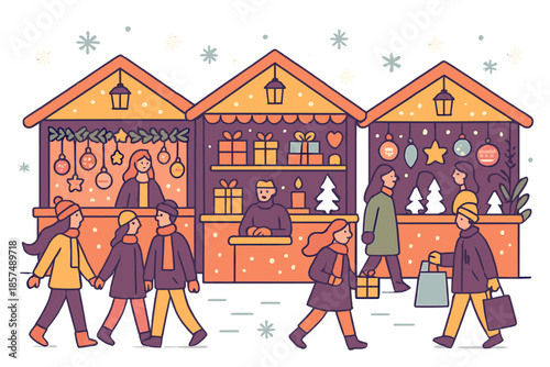 Winter Craft Market. Street market with winter crafts and gifts. Shoppers stroll between cozy stalls as