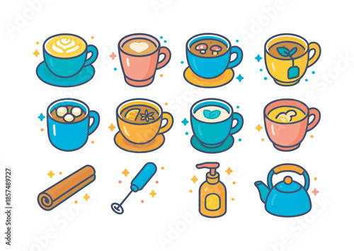 Trendy Hot Drink Icons. Hot Drink Trends. Colorful isometric vector icons set of Hot Drink Trends: turmeric latte, chai latte, mushroom coffee,