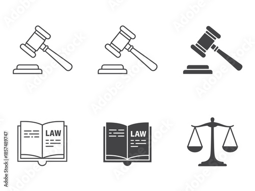 Legal symbols including a gavel, a law book, and scales of justice.