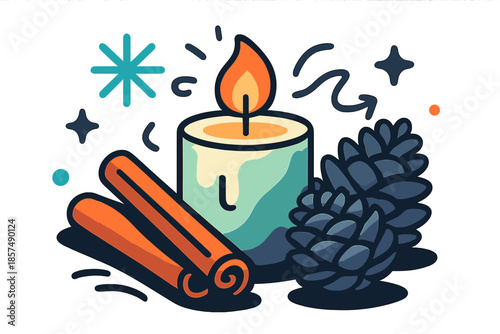 Candlelit Festive Arrangement. Candlelight and cinnamon sticks with pine cones. Cozy arrangement of a lit