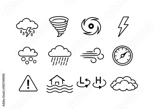 Severe Weather Icons. Severe weather icons. Line icon set of severe weather icons: storm cloud, tornado swirl, hurricane eye, lightning bolt, hail, heavy rain,