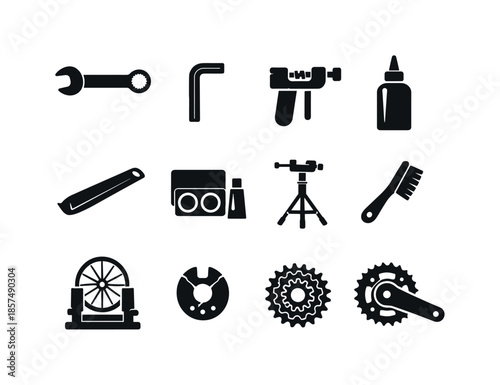 Bike Maintenance Icons. Bike maintenance. Solid icon set of bike maintenance: wrench, hex key, chain tool, lubricant bottle, tire lever, patch kit, work stand,