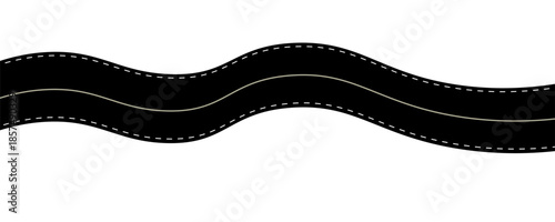 Winding road top view, curved highway path with lane markings, long trip route map, wavy street track design. Flat vector illustration isolated on white background.