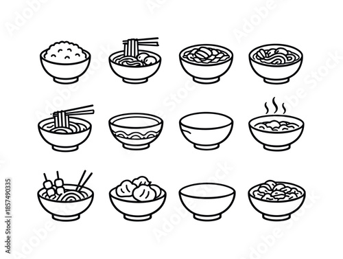Asian Bowl Icons. Asian Bowl. Line icon set of Asian Bowl: rice bowl, ramen bowl, pho bowl, noodle soup bowl, chopsticks bowl, Asian ceramic bowl, traditional