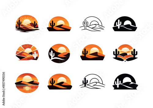 Sunset Icon Collection. Sunset. Icon set. Set Logo of sunset: desert sunset icon. harmonious logo variations of the same emblematic concept, each