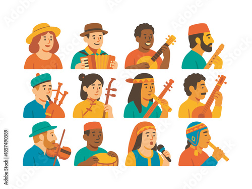 Traditional Music Icons. Traditional music portraits. Colorful flat vector icons set of traditional music portraits: folk singer headshot, accordionist