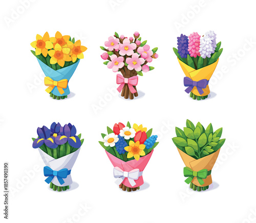 Spring Flower Icons. Spring flowers. Isometric flat vector icons set of spring flowers: daffodil bouquet, cherry blossom bundle, hyacinth bouquet, iris
