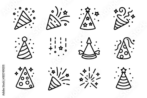 Party Hat Icons. Party hats and confetti. Line outline icon set of party hats and confetti: party hat with