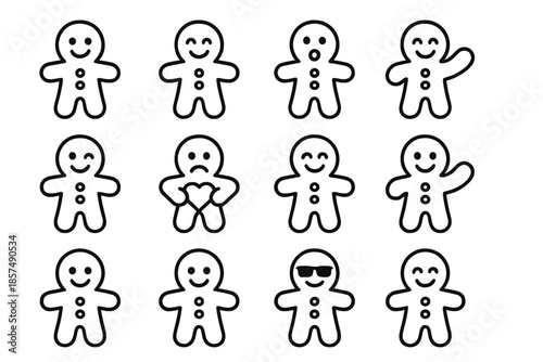 Gingerbread Emoji Icons. Gingerbread emotions. Line outline icon set of gingerbread emotions: happy