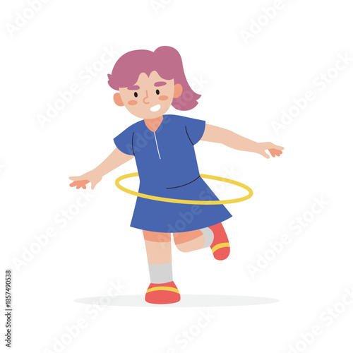 Happy Girl Playing Hula Hoop Flat Illustration