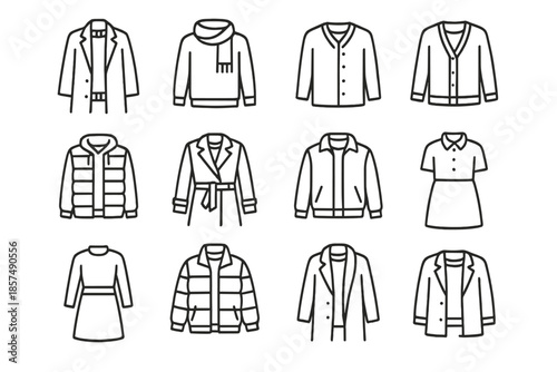 Winter Outfit Icons. Winter layered outfit set. Line outline icon set of winter layered outfit set: long coat