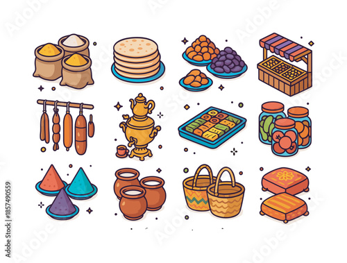 Colorful Bazaar Icon Set. Traditional bazaar foods. Colorful isometric vector icons set of Traditional bazaar foods: sacks of grains, flatbread stack, dried