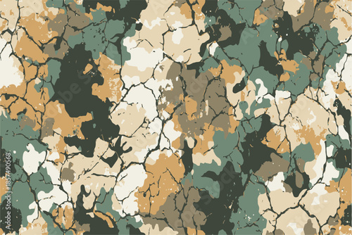A camouflage pattern composed of earth tones and green, with large cracks in the background, designed for military camouflaging purposes.